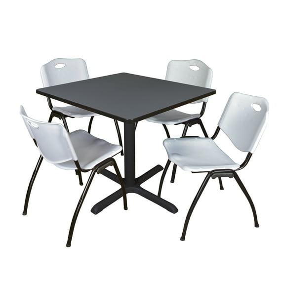 Cain 36" Square Breakroom Table- Grey & 4 'M' Stack Chairs- Grey