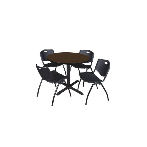 Regency Cain 36 in. Round Breakroom Table- Neo Walnut & 4 M Stack Chairs- Black