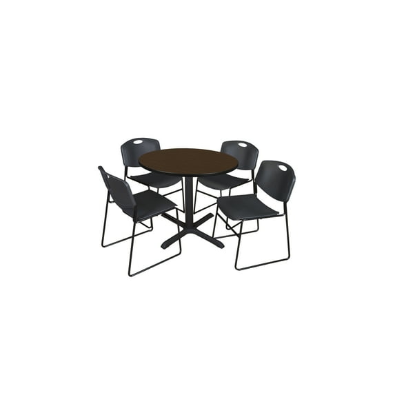 Regency Cain 36 in. Round Breakroom Table- Neo Walnut & 4 Zeng Stack Chairs- Black