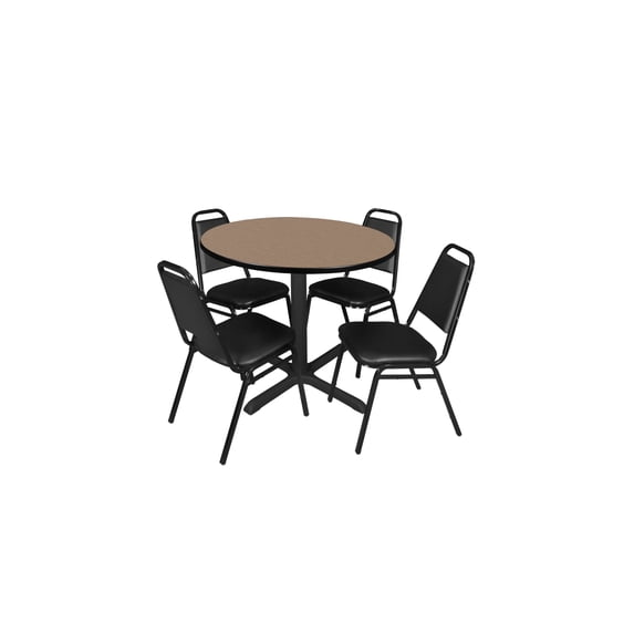 Regency Cain 36 in. Round Breakroom Table- Noble Oak & 4 Restaurant Stack Chairs- Black