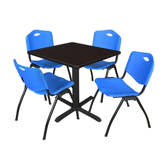 Regency Cain 36 in. Square X-Base Breakroom Table- Mocha Walnut & 4 M Stack Chairs- Blue