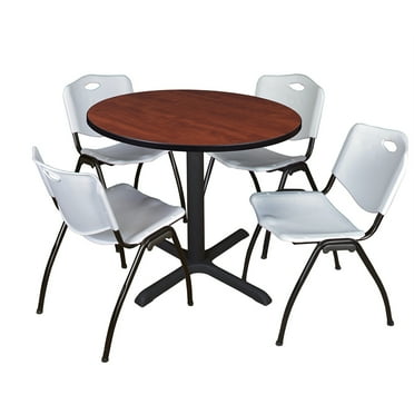 Regency Cain 42" Round Breakroom Table- Cherry & 4 'M' Stack Chairs- Grey