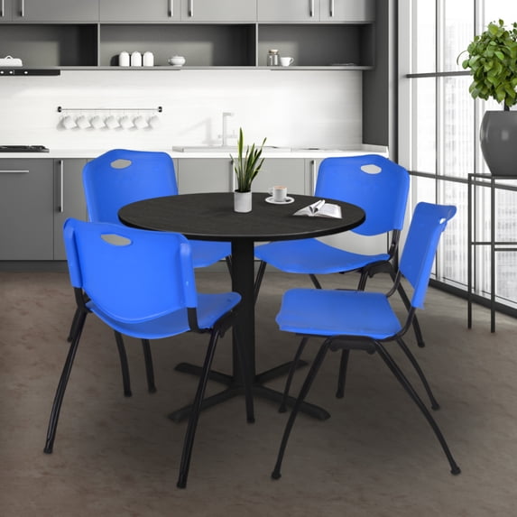 Regency Cain 42 in. Round Breakroom Table- Ash Grey & 4 M Stack Chairs- Blue