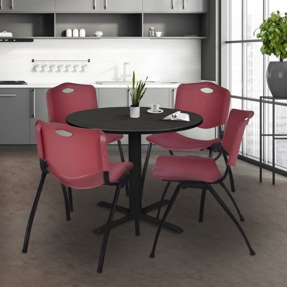 Regency Cain 42 in. Round Breakroom Table- Ash Grey & 4 M Stack Chairs- Burgundy