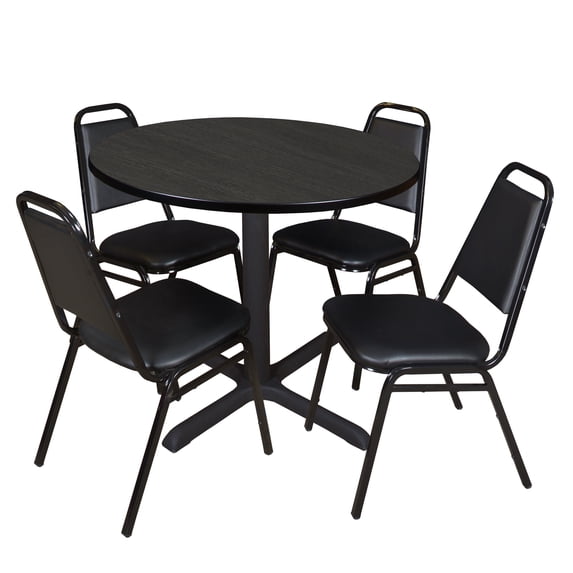 Regency Cain 42 in. Round Breakroom Table- Ash Grey & 4 Restaurant Stack Chairs- Black