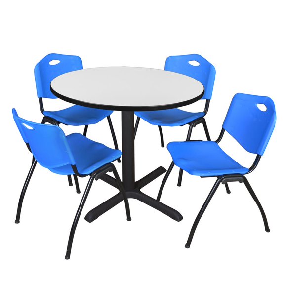 Regency Cain 42 in. Round Breakroom Table- White & 4 M Stack Chairs- Blue
