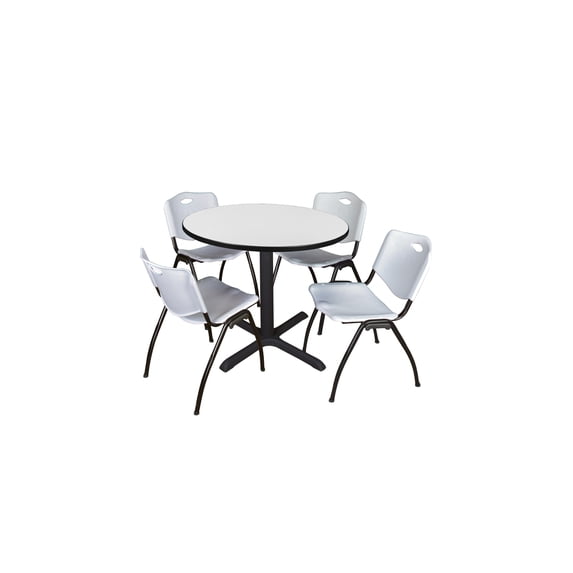 Regency Cain 42 in. Round Breakroom Table- White & 4 M Stack Chairs- Grey