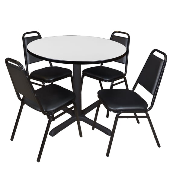 Regency Cain 42 in. Round Breakroom Table- White & 4 Restaurant Stack Chairs- Black