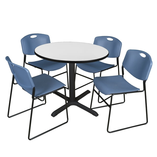 Regency Cain 42 in. Round Breakroom Table- White & 4 Zeng Stack Chairs- Blue