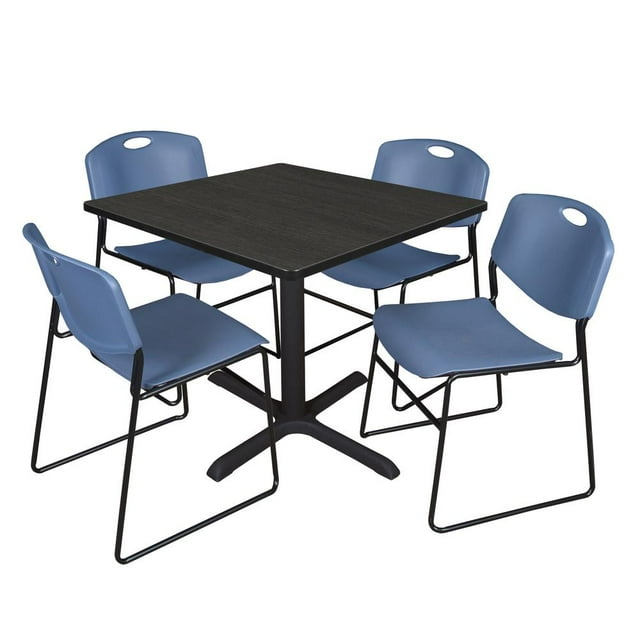 Regency Cain 42 in. Square Breakroom Table- Ash Grey & 4 Zeng Stack Chairs- Blue