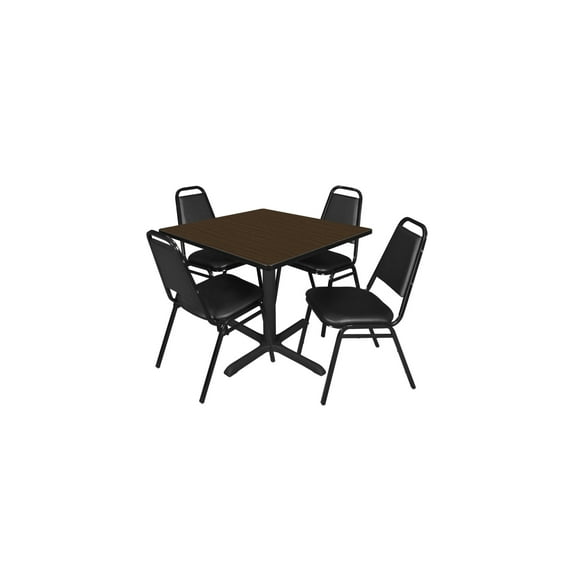 Regency Cain 42 in. Square Breakroom Table- Neo Walnut & 4 Restaurant Stack Chairs- Black
