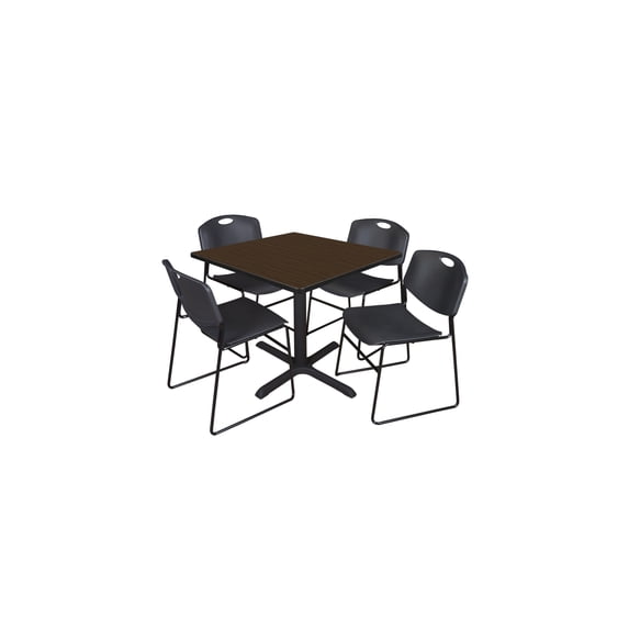 Regency Cain 42 in. Square Breakroom Table- Neo Walnut & 4 Zeng Stack Chairs- Black