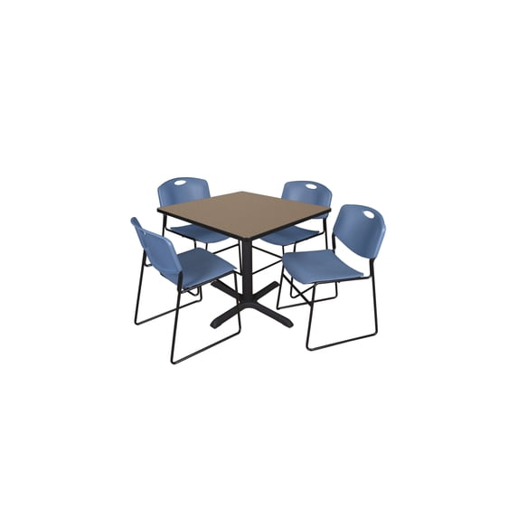 Regency Cain 42 in. Square Breakroom Table- Noble Oak & 4 Zeng Stack Chairs- Blue