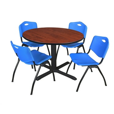 Regency Cain 48" Round Breakroom Table- Cherry & 4 'M' Stack Chairs- Blue
