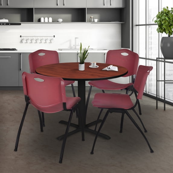 Regency Cain 48 in. Round X-Base Breakroom Table- Cherry & 4 M Stack Chairs- Burgundy