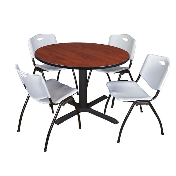Regency 48 in. Round X-Base Breakroom Table- Cherry & 4 M Stack Chairs- Grey