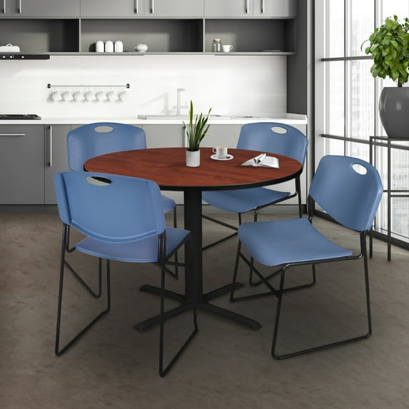 Cain 48" Round Breakroom Table- Cherry & 4 Zeng Stack Chairs- Blue