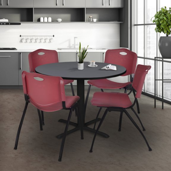 Regency Cain 48 in. Round X-Base Breakroom Table- Grey & 4 M Stack Chairs- Burgundy