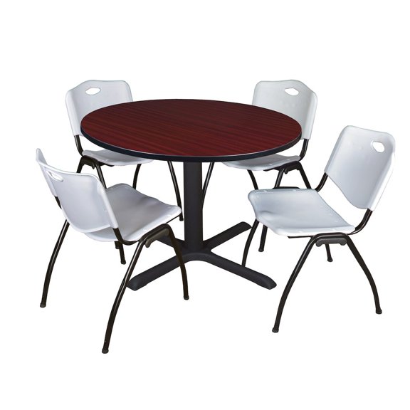 Regency 48 in. Round X-Base Breakroom Table- Mahogany & 4 M Stack Chairs- Grey