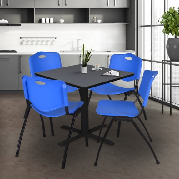 Regency Cain 48 in. Square X-Base Breakroom Table- Grey & 4 M Stack Chairs- Blue