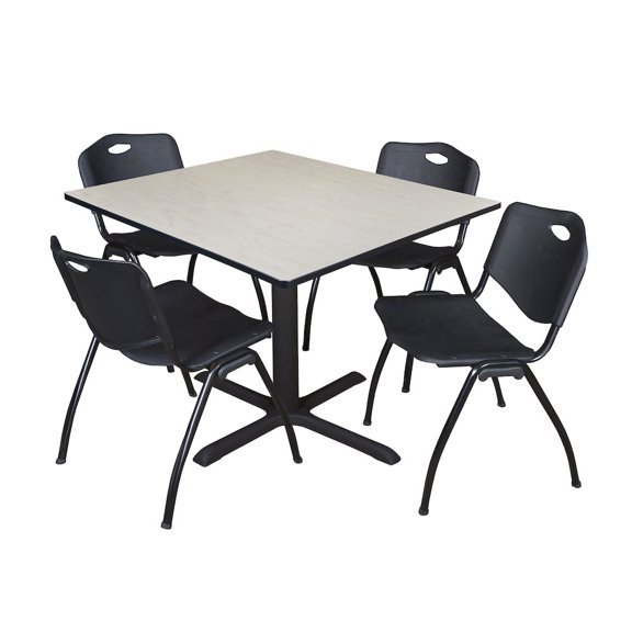 Regency 48 in. Square X-Base Breakroom Table- Maple & 4 M Stack Chairs- Black