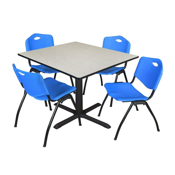 Regency 48 in. Square X-Base Breakroom Table- Maple & 4 M Stack Chairs- Blue