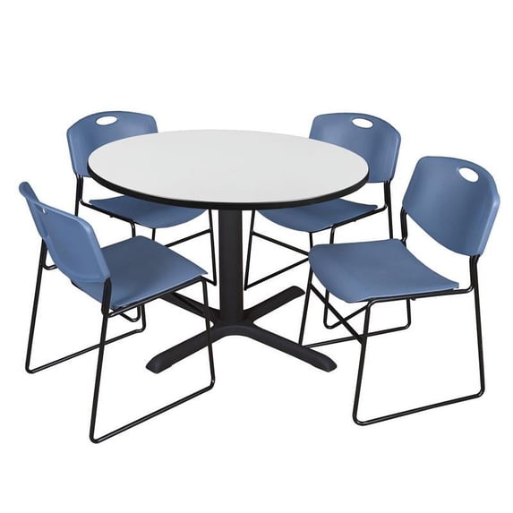 Regency Cain 48 in. Round Breakroom Table- White & 4 Zeng Stack Chairs- Blue