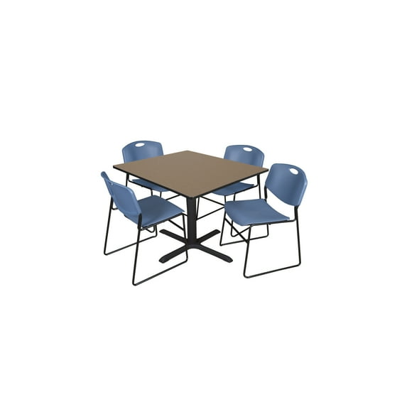 Regency Cain 48 in. Square Breakroom Table- Noble Oak & 4 Zeng Stack Chairs- Blue