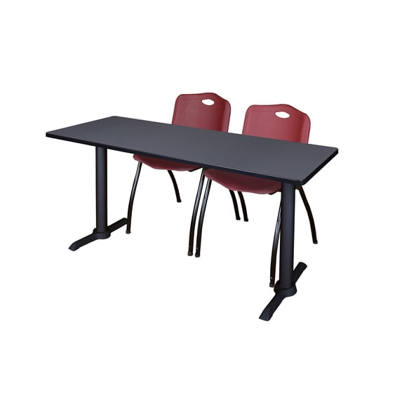 Regency Cain 60 x 24 in. T-Base Training Seminar Table- Grey & 2 M Stack Chairs- Burgundy