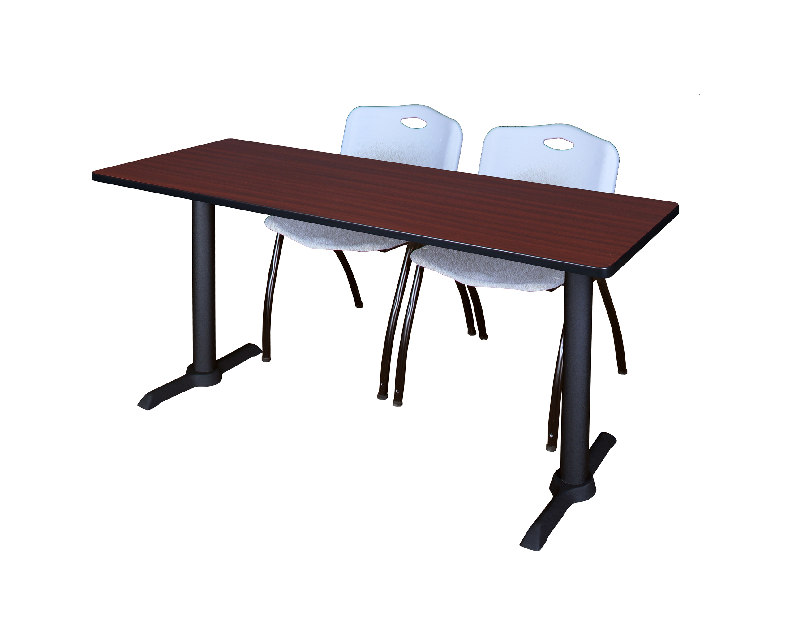 Regency Cain 60 x 24 in. T-Base Training Seminar Table- Mahogany & 2 M Stack Chairs- Grey