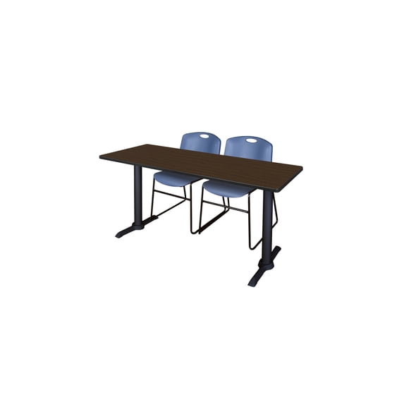 Regency Cain 60 x 24 in. T-Base Training Seminar Table- Neo Walnut & 2 Zeng Stack Chairs- Blue