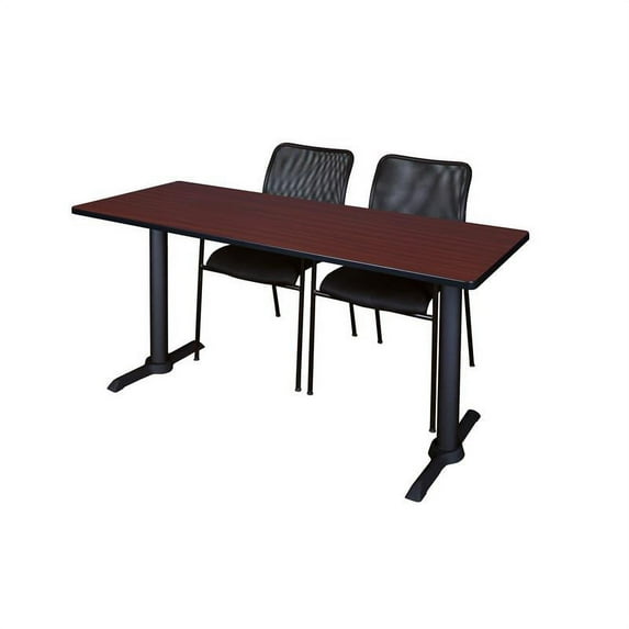 Regency Cain 66 x 24 in. T-Base Training Seminar Table- Mahogany & 2 Mario Stack Chairs- Black