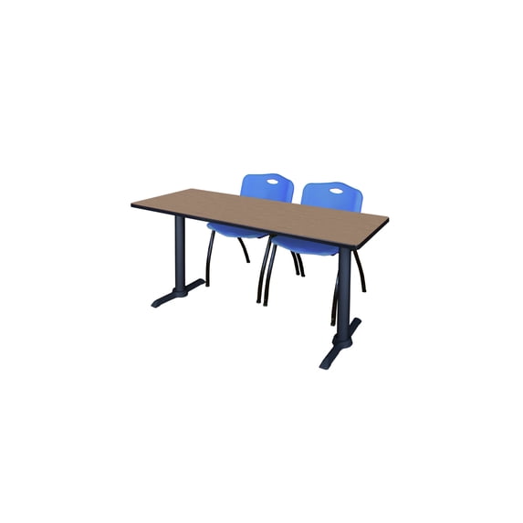 Regency Cain 66 x 24 in. T-Base Training Seminar Table- Noble Oak & 2 M Stack Chairs- Blue