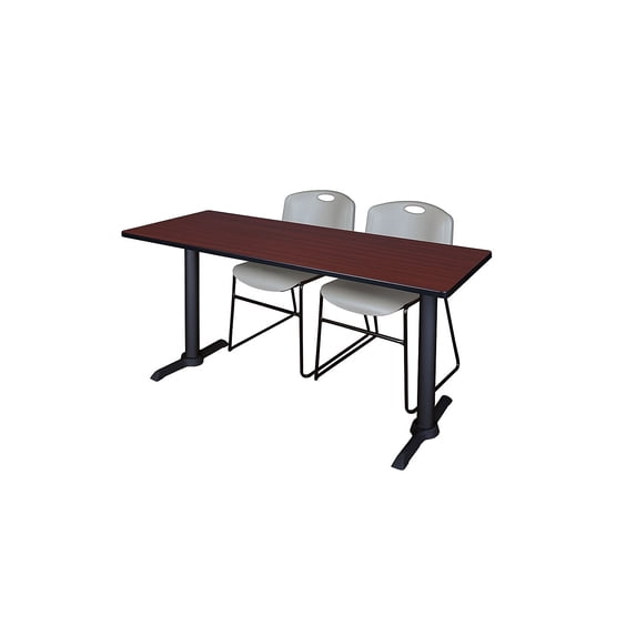 Regency Cain 72 x 24 in. T-Base Training Seminar Table- Mahogany & 2 Zeng Stack Chairs- Grey