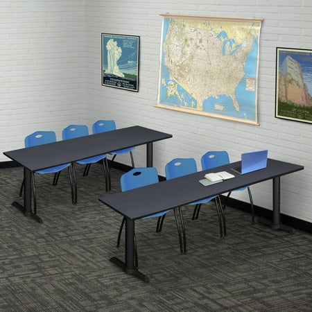 Regency Cain 84 x 24 in. T-Base Training Seminar Table- Grey & 3 M Stack Chairs- Blue