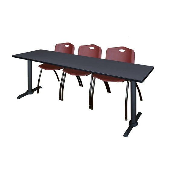 Regency Cain 84 x 24 in. T-Base Training Seminar Table- Grey & 3 M Stack Chairs- Burgundy