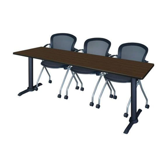 Regency Cain 84 x 24 in. T-Base Training Seminar Table- Neo Walnut & 3 Cadence Nesting Chairs