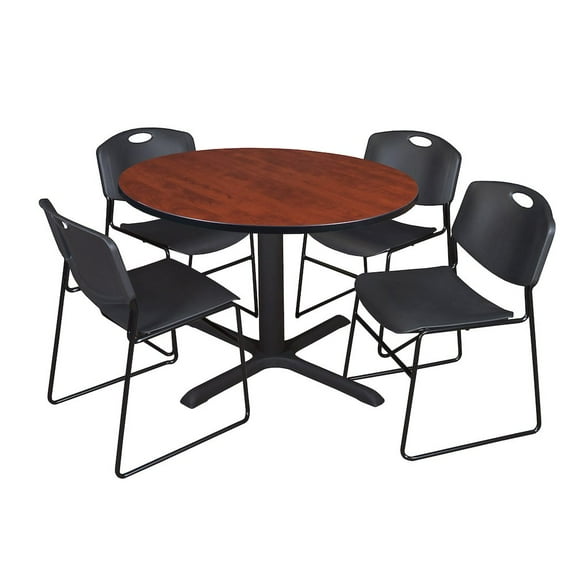 Regency 48 in. Round X-Base Breakroom Table- Cherry & 4 Zeng Stack Chairs- Black