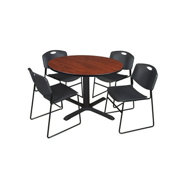 Regency Cain 48 in. Round X-Base Breakroom Table- Cherry & 4 Zeng Stack Chairs- Black