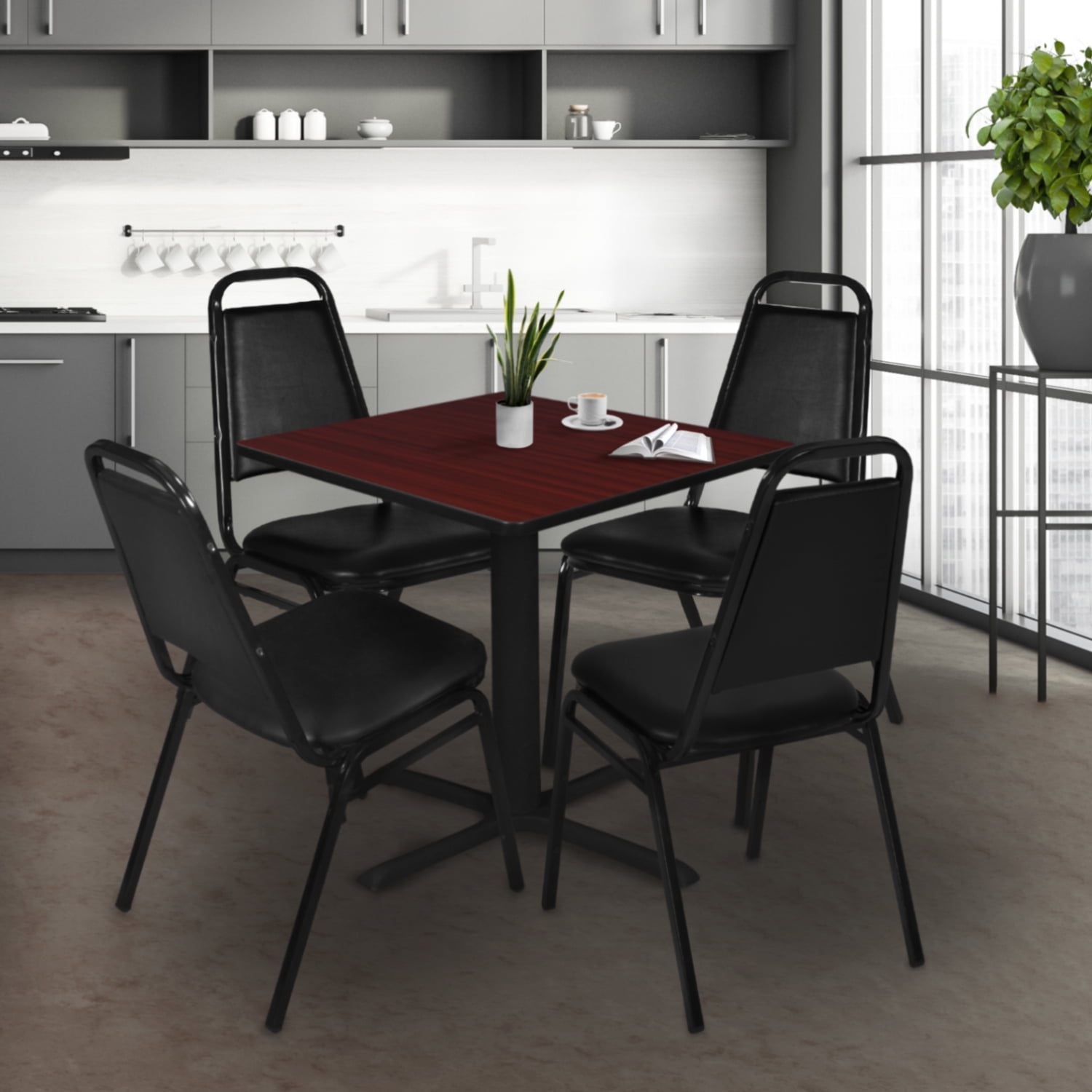 Cain 36" Mahogany Laminate Square Dining Table with Steel X-Base