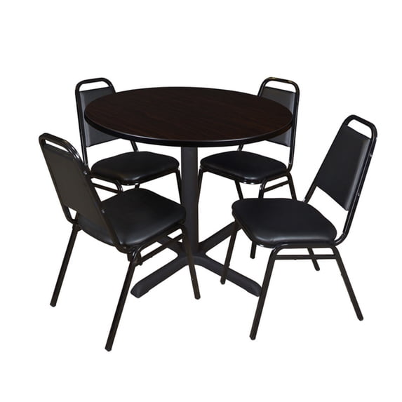 Regency Cain 42 in. Round X-Base Breakroom Table- Mocha Walnut & 4 Restaurant Stack Chairs- Black