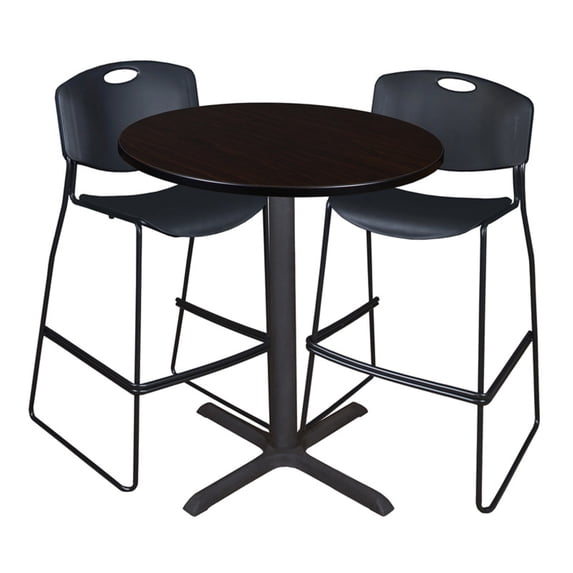 Regency Cain 36" Round Café Table- Mocha Walnut & 2 Zeng Stack Stools- Black
