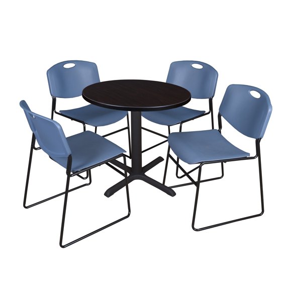Regency Cain Small 30 in. Round X-Base Breakroom Table- Mocha Walnut & 4 Zeng Stack Chairs- Blue