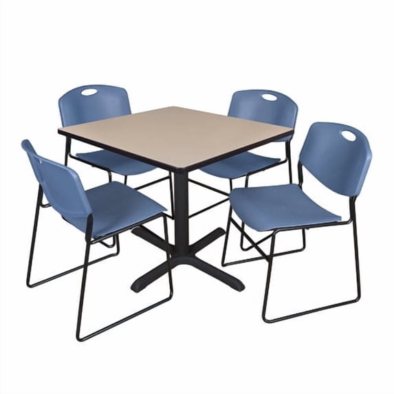 Regency Cain 48" Square Breakroom Table- Beige & 4 Zeng Stack Chairs- Blue