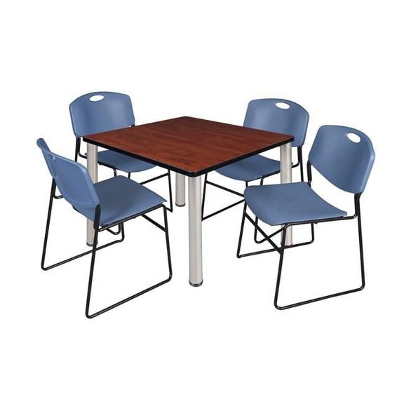 Regency Cherry 36 in. Kee Square Breakroom Table with Chrome & Blue 4 Zeng Stack Chairs