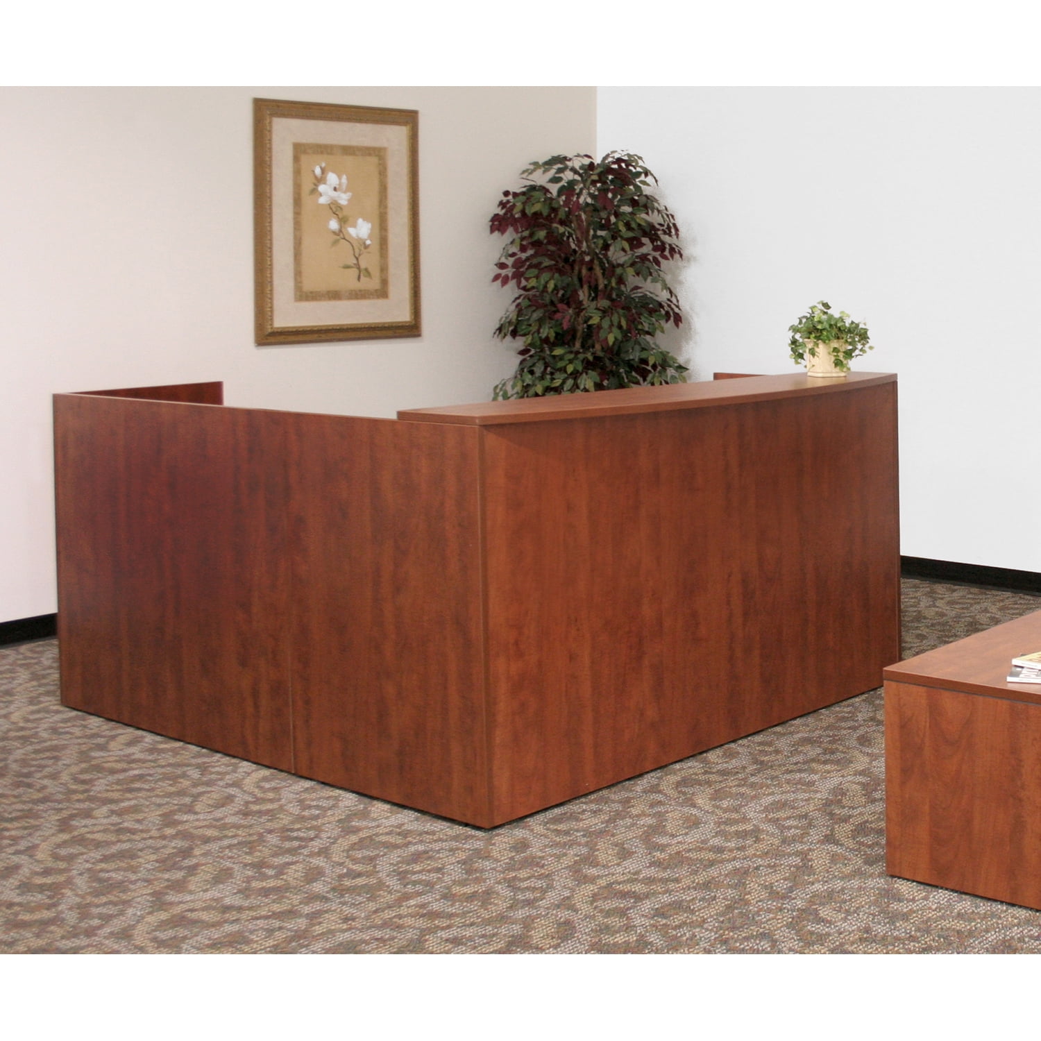 Cherry Wood Corner Reception Desk with Dual Filing Cabinets