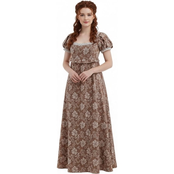 Regency Dress for Women Empire Waist Victorian Style Pearl Puff Sleeve Floral Gown Available in 4 Colors