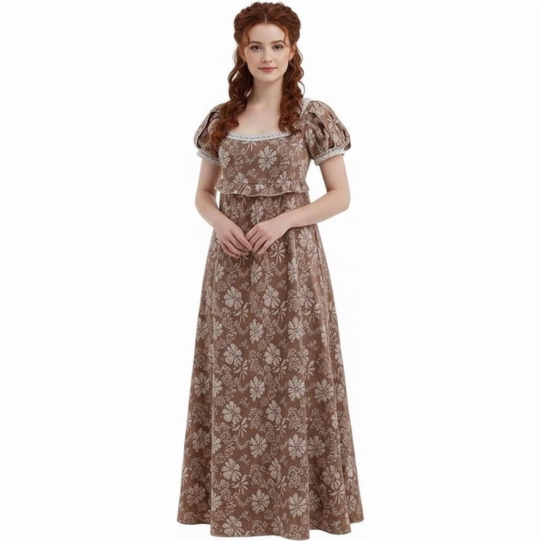 Regency Dress for Women Empire Waist Victorian Style Pearl Puff Sleeve Floral Gown Available in 4 Colors