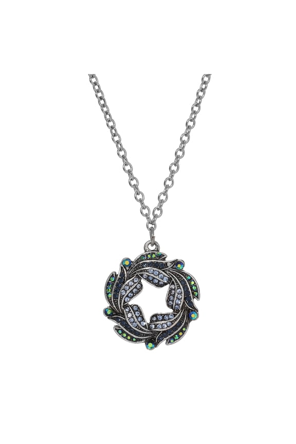 Giovane Iridescent AB Crystal Blue Stone Wreath Pendant Necklace 16 + 3 Extender