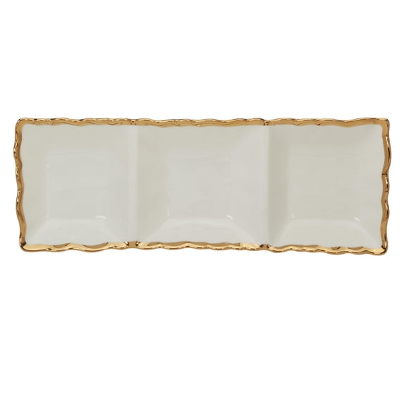 Regency Gold 3-Section Porcelain Tray with Scalloped Edges & Metallic Gold Rim, 15" Elegant Serving Tray for Appetizers, Dips & Relishes, Perfect for Entertaining, Holiday Gatherings & Everyday